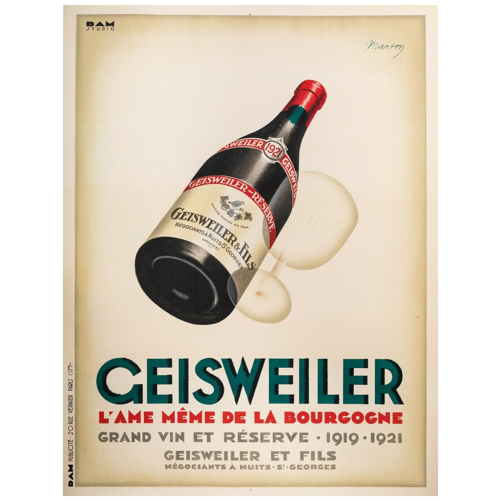 Marton, Original Vintage Wine Poster, Geisweiler Burgundy Nuits St Georges, 1925 For Sale