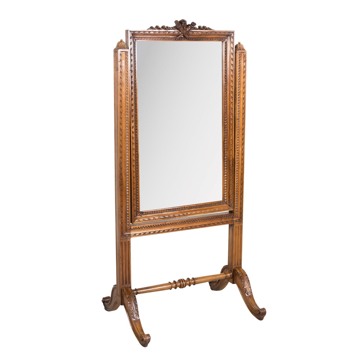 Exceptional 19th Century French Louis XVI Style Carved Walnut Cheval Mirror For Sale
