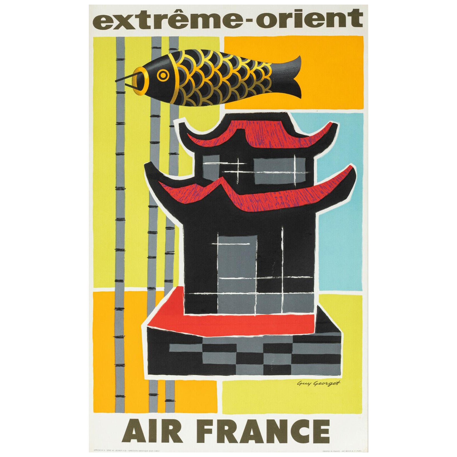 Guy Georget, Original Air France Poster, Far East Pagoda, Nobori, Japan, 1956