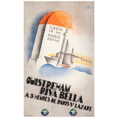 Affiche de voyage Art déco originale -mucha-ouistreham Normandie-Voile, 1934