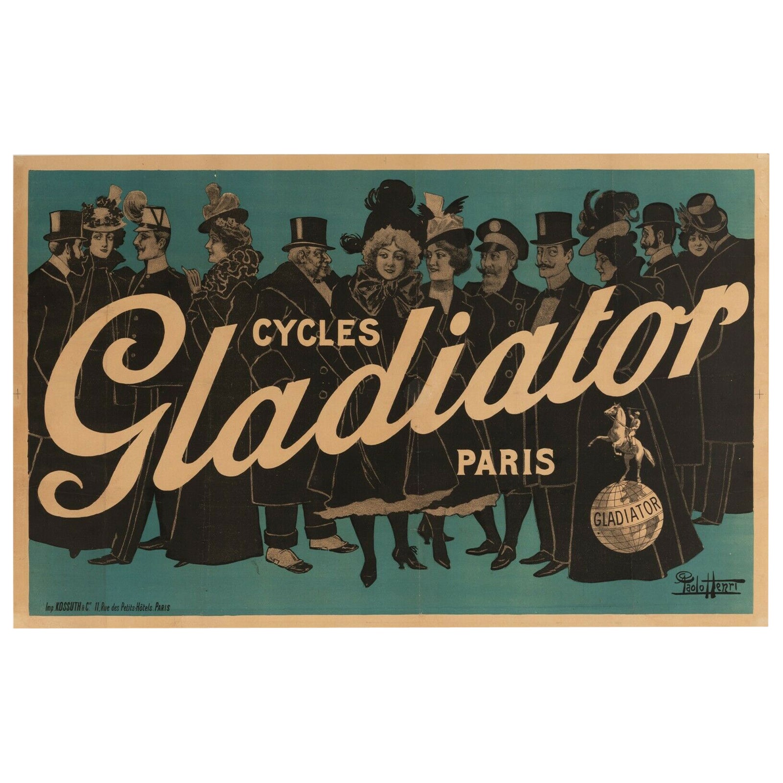 Affiche vintage d'origine, Paolo Henri, gladiateur de cyclettes, Paris, en bicyclette, 1900