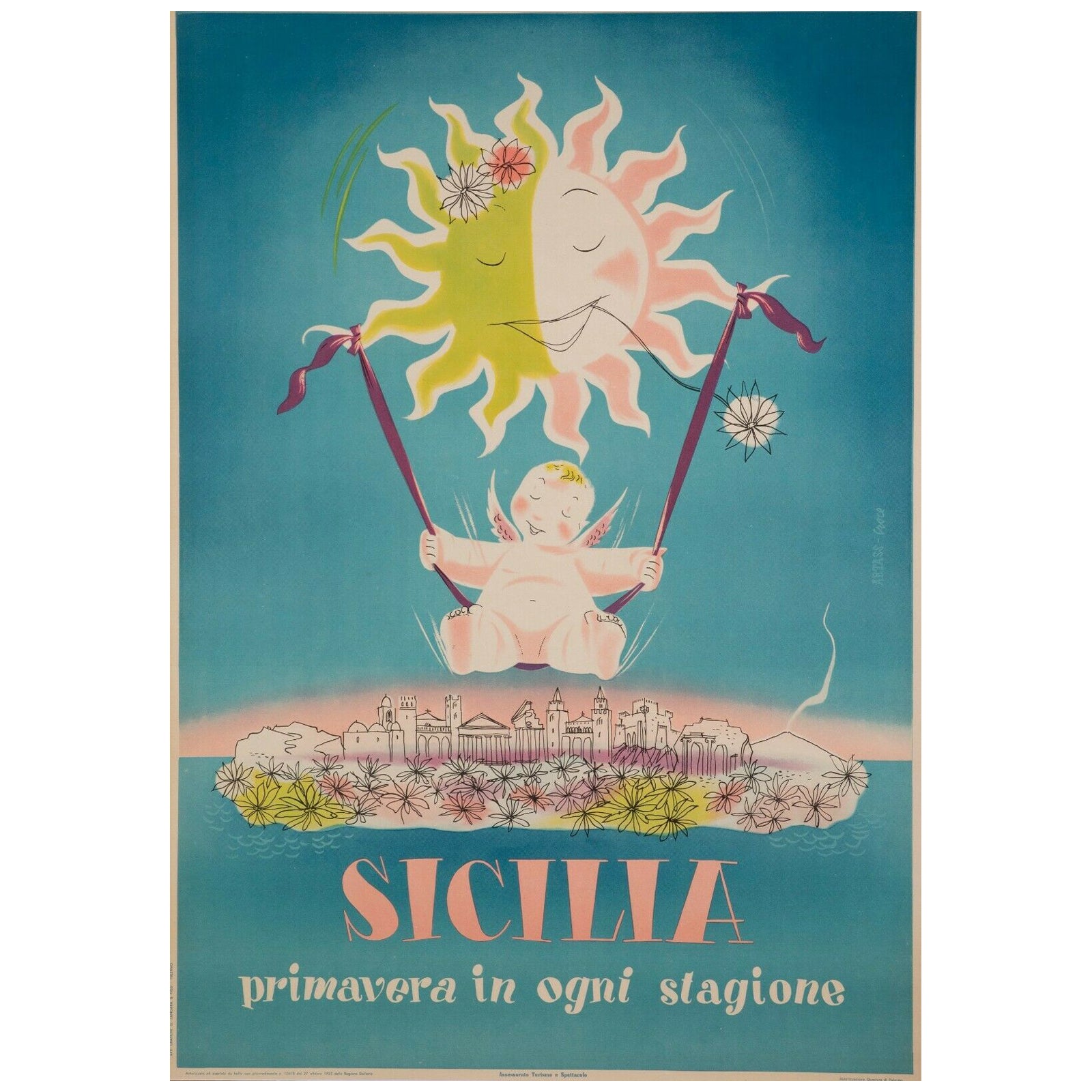 Affiche originale - Artass Croce-Sicily - Palerme - Catane - Syracuse, 1952 en vente