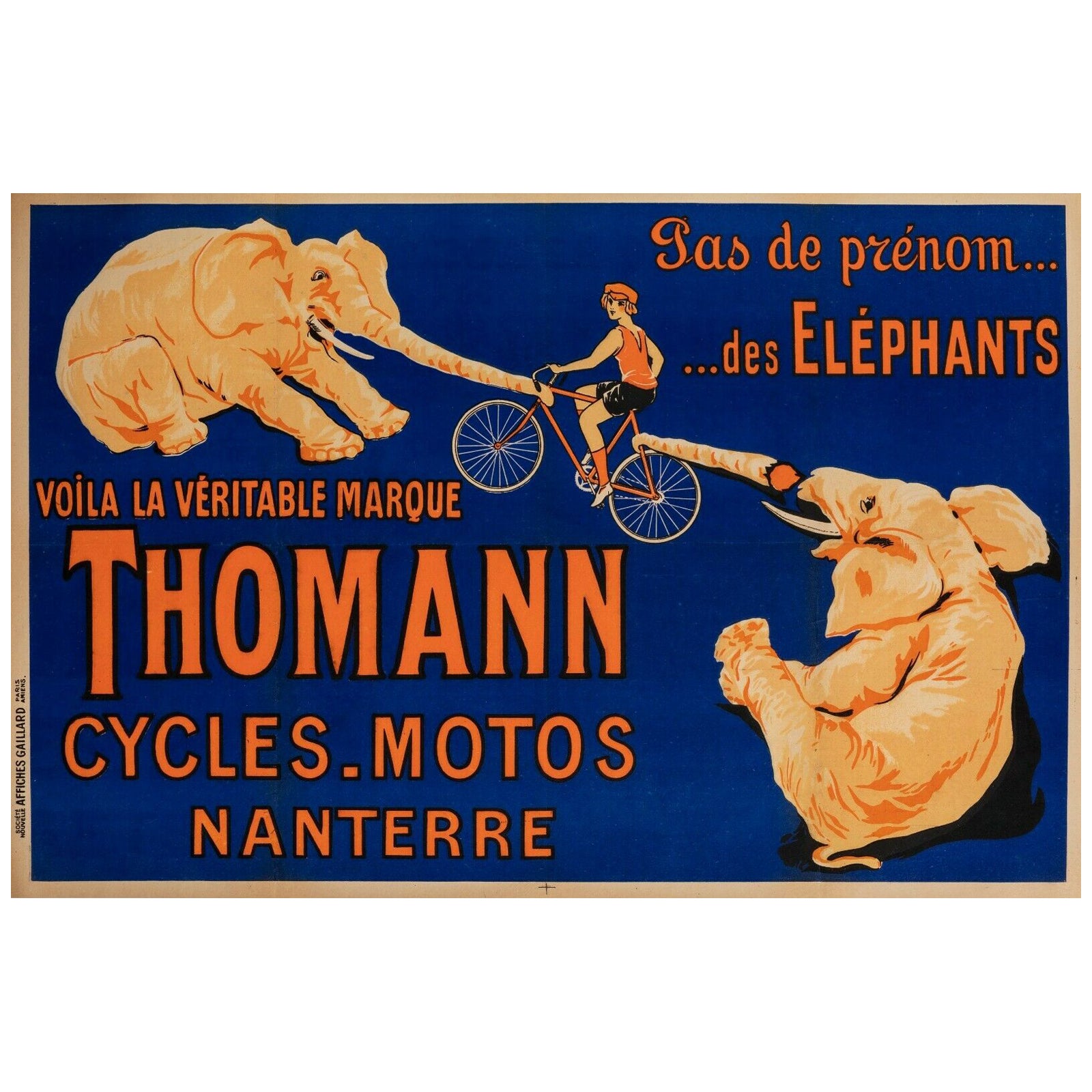 Original-Vintage-Poster, Motos, Thomann-Elephant-Bike, 1926 im Angebot
