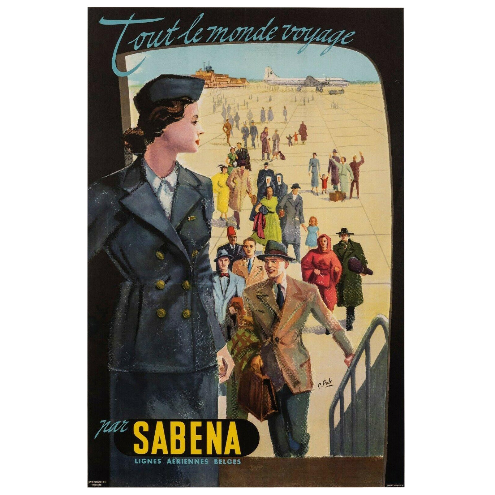 Affiche d'origine de l'aviation - Travel the World -Sabena -Belgique - Airport, vers 1950