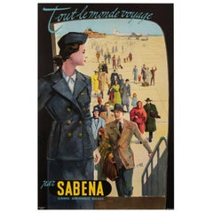 Cartel original de aviación-Viaja por el mundo-Sabena-Bélgica-Aeropuerto, c.1950