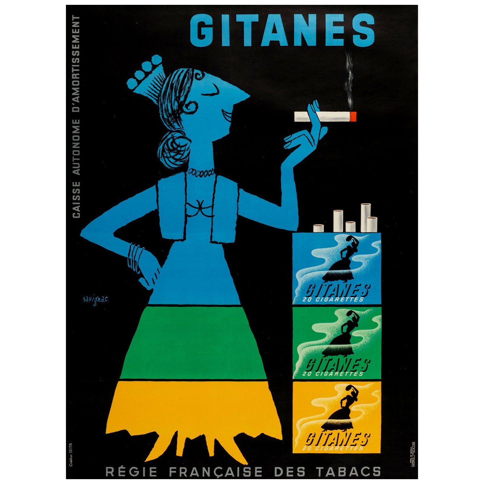 Affiche vintage d'origine, Raymond Savignac, Gitanes, tabac, cigarette, 1953