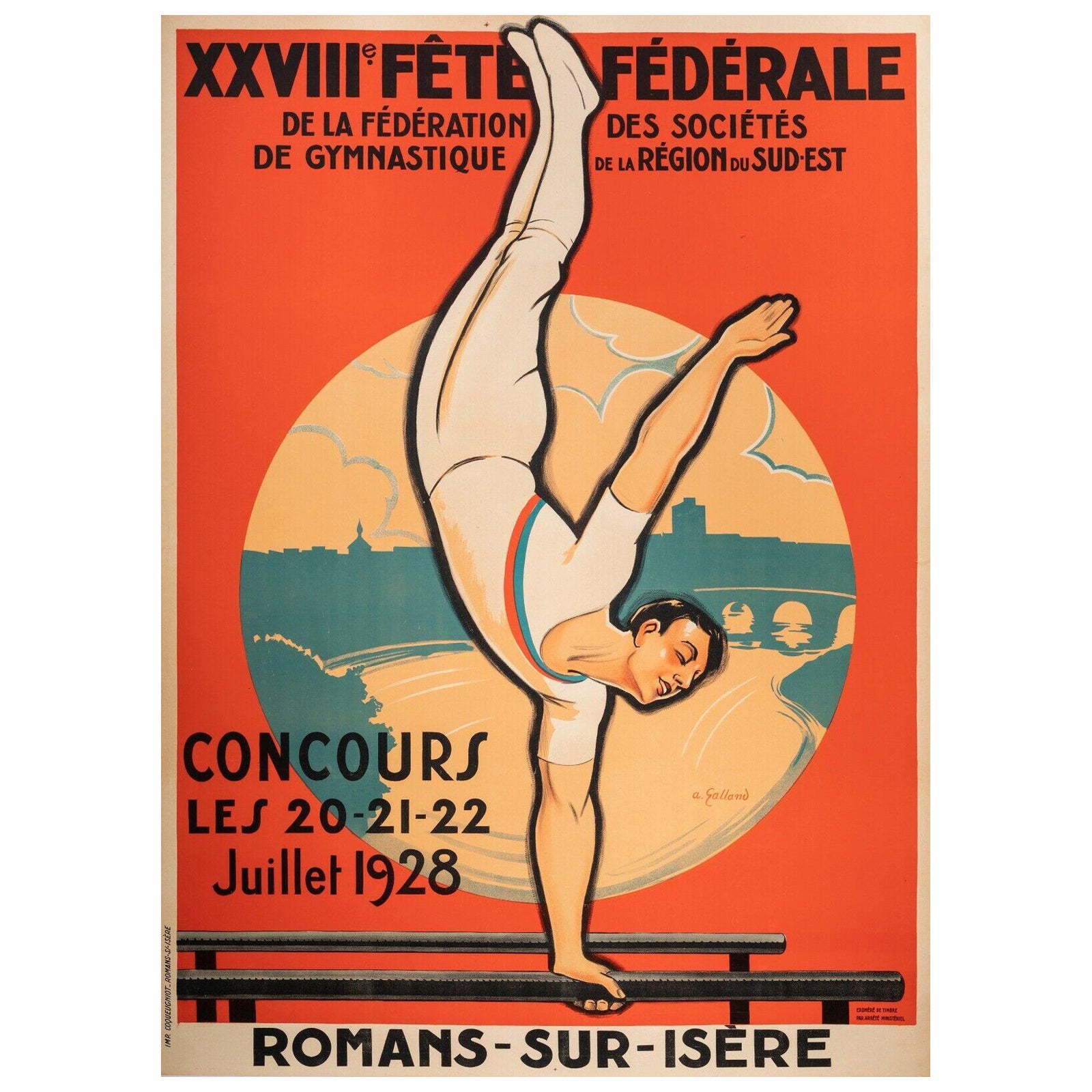 Original Art Deco Poster-Andre Galland-Artistic Gymnastics-Athlete, 1928 For Sale