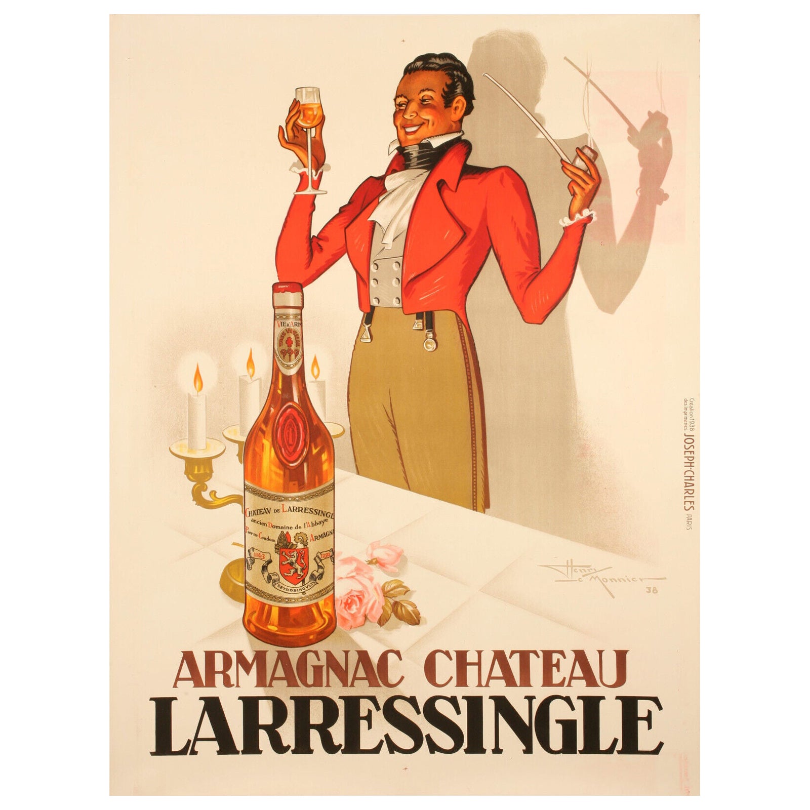 Affiche vintage d'origine - Lemonnier-Armagnac - Chateau De Larressle-Liqueur, 1938 en vente