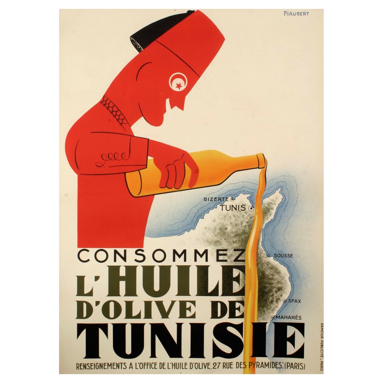 Affiche vintage originale Jean Piaubert-E Olive Oil from Tunisia, c.1925 en vente