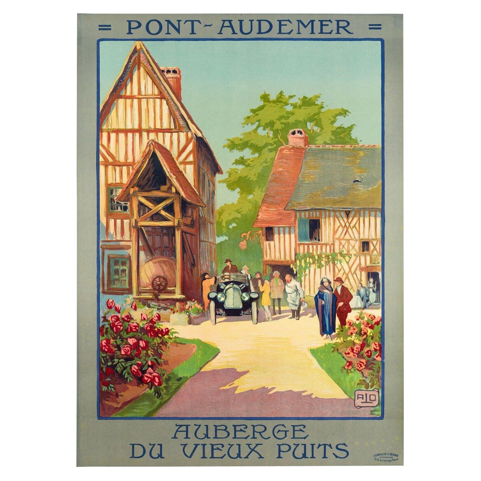 Alo, Vintage Travel Poster in Art Deco, Pont Audemer Normandy, Classic Car, 1922 For Sale