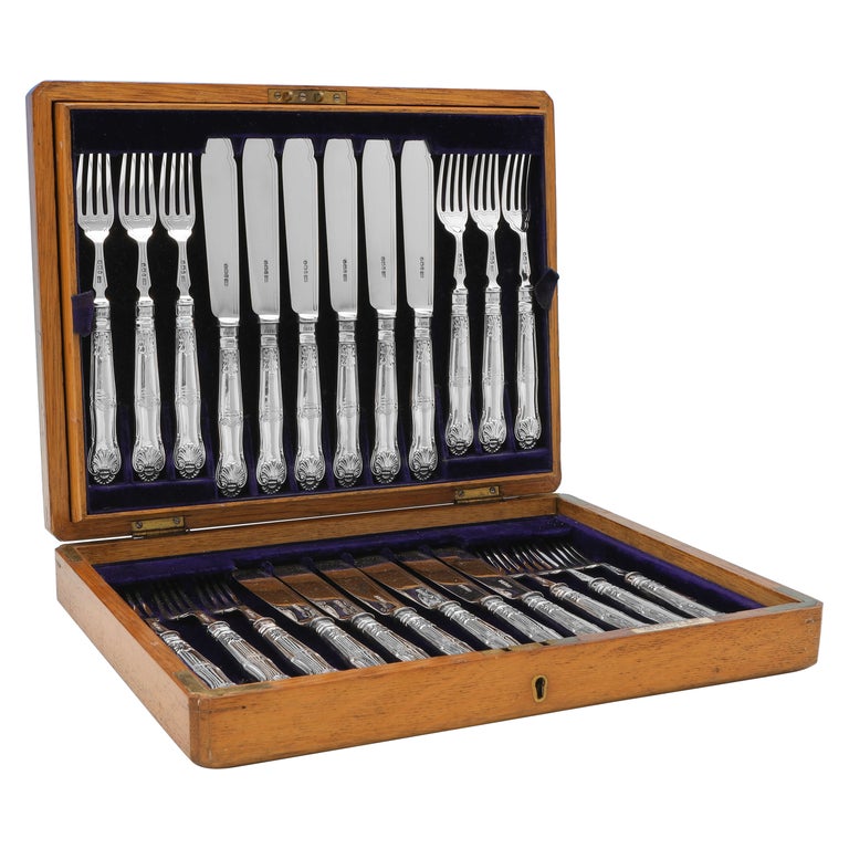 Viktorianisches Fisch-Set aus Sterlingsilber für 12 Personen mit Kings ...