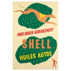 Affiche vintage d'origine, Shell Oil and Gas, Petrol, Car, Road, Greyhound, 1925