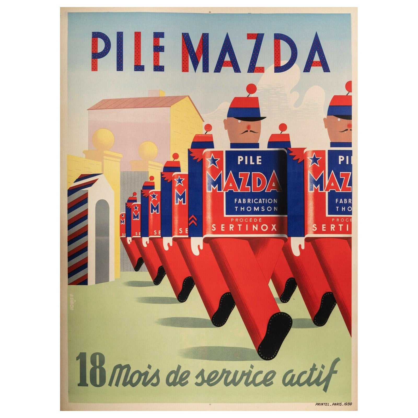 Affiche vintage d'origine -Simon A. Mazda-Thomson - Battery électrique, 1939 en vente