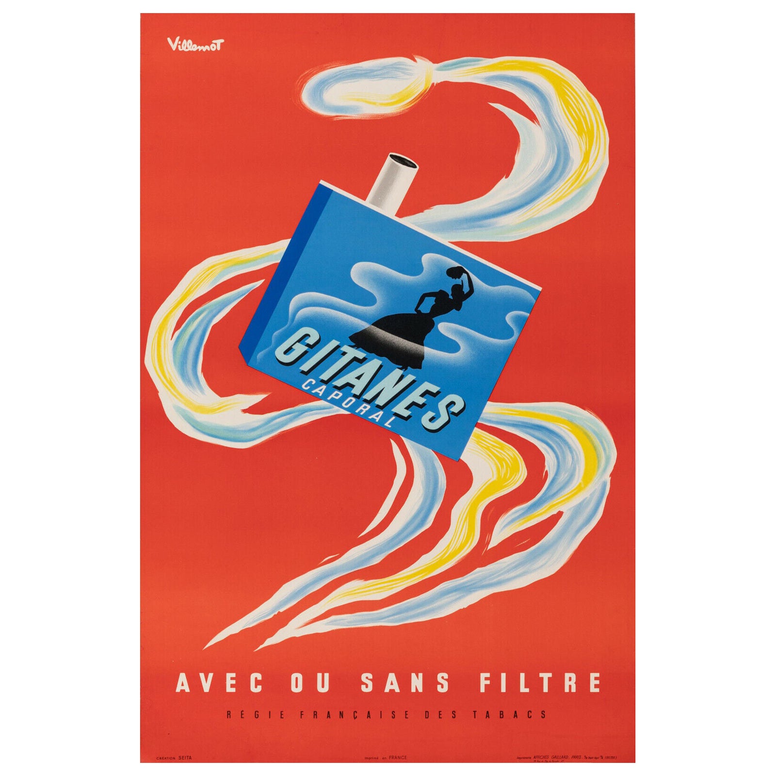 Villemot, Original Vintage Poster, Gitanes, Tobacco, France, Cigarette, 1957 For Sale