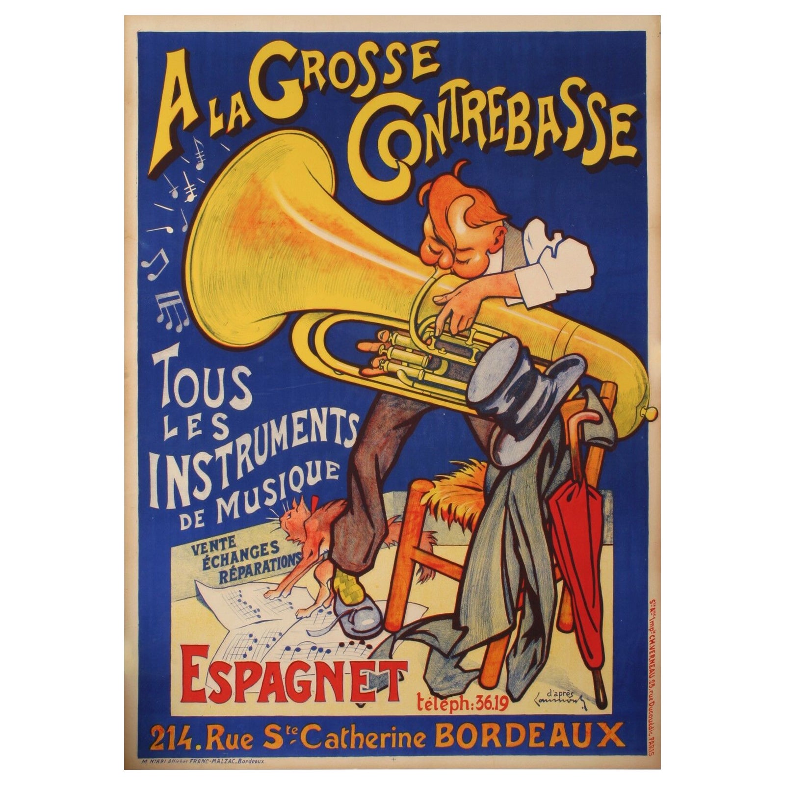 Affiche musicale originale Laumond, Double Bass, Chat, Jazz, 1920