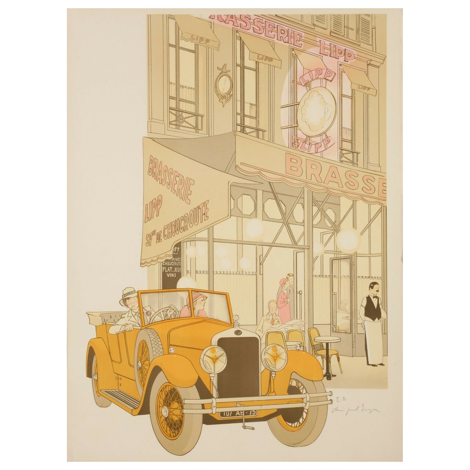 Denis Paul Noyer, Classic Car Print, Lipp Paris, Restaurant, Delage, 1979