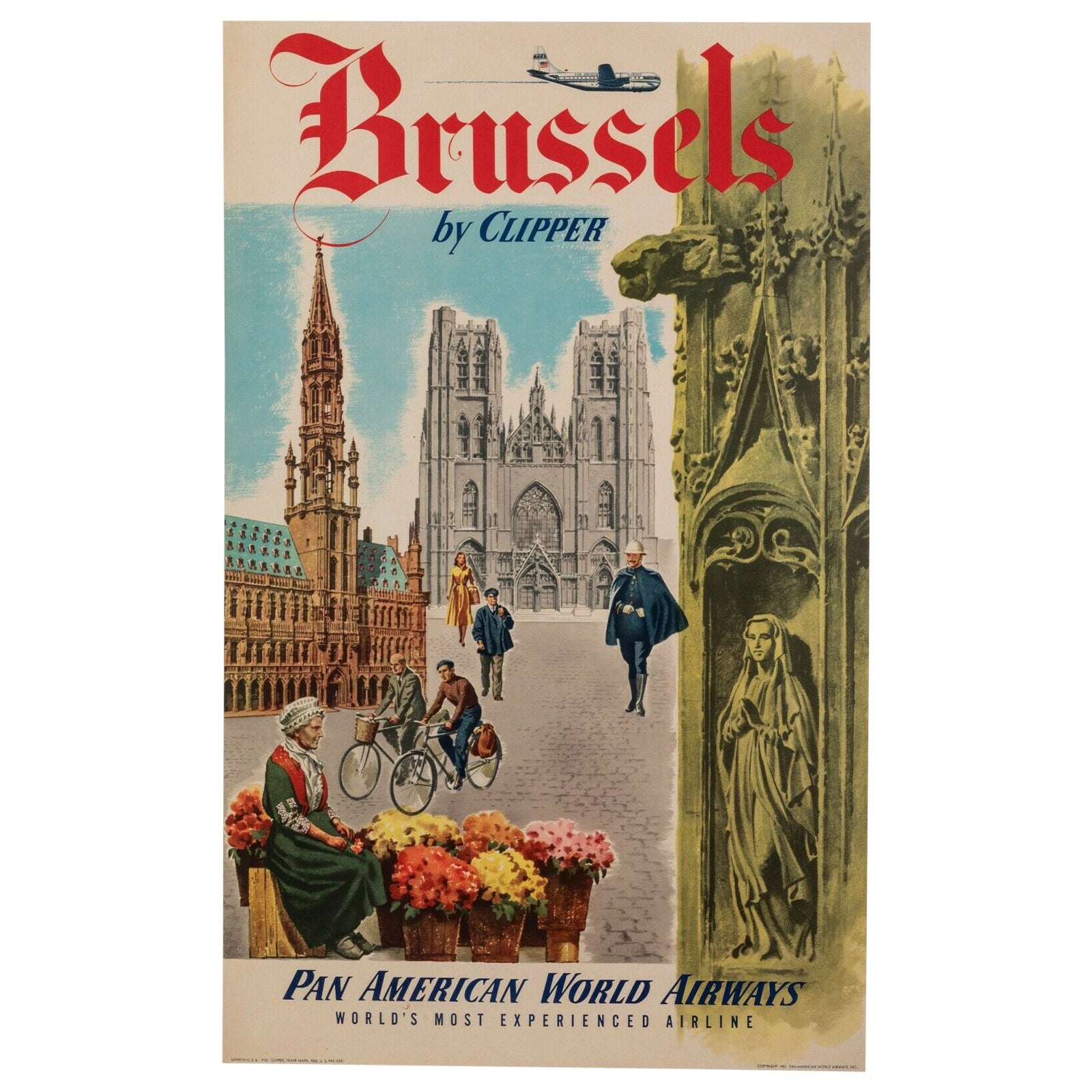 Original Vintage Airline Poster, Brussels by Clipper, Pan American PanAm, 1951 For Sale