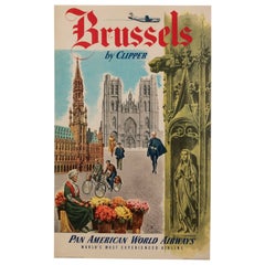 Original Vintage Airline Poster, Brussels by Clipper, Pan American PanAm, 1951