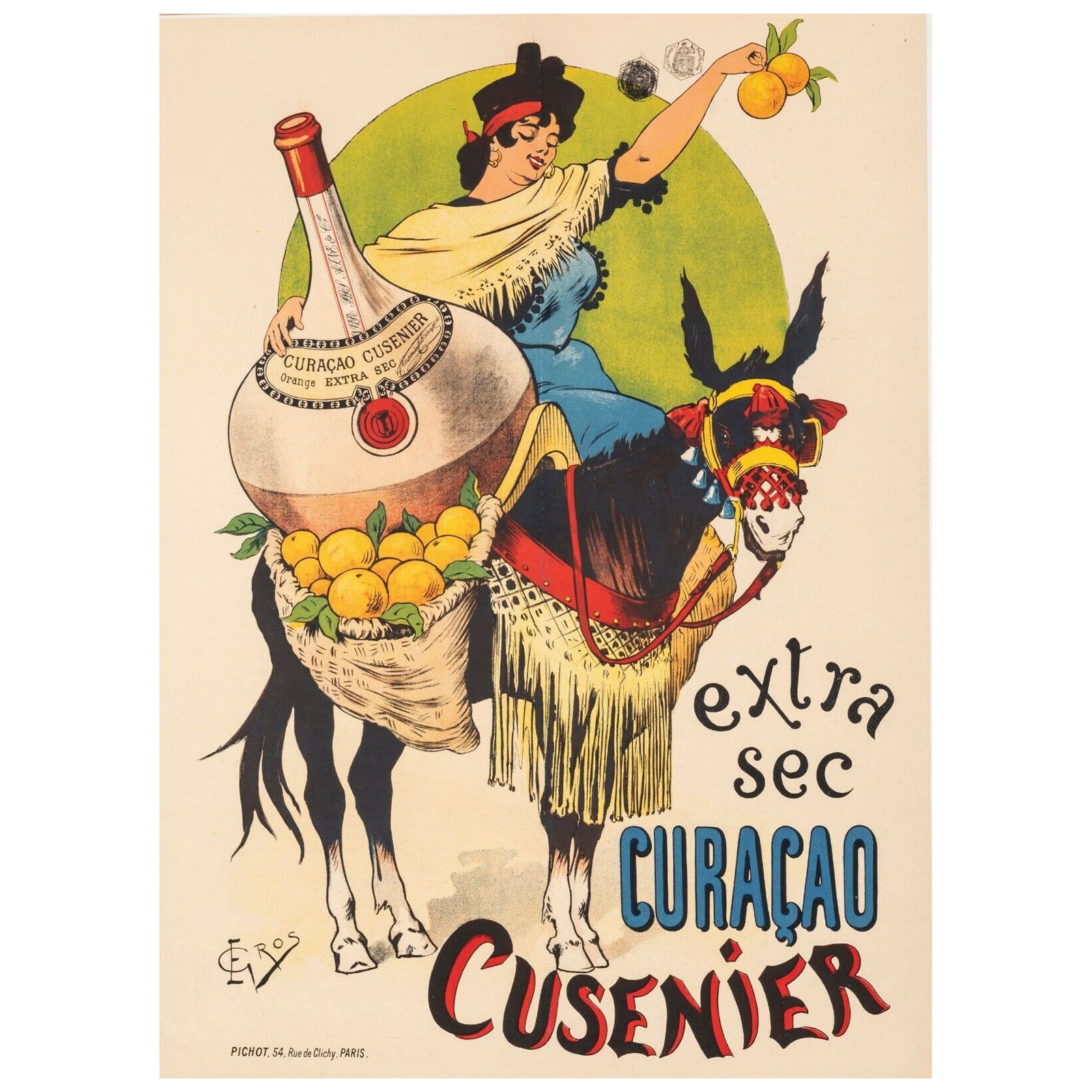 Gros, Original Vintage Poster, Curacao Cusenier, Liquor, Donkey, Orange, 1899 For Sale