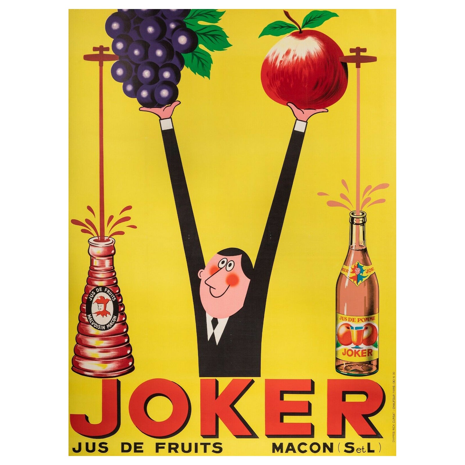 Original Joker Jus Poster-Rick Cursat-Fruit Apple Grapes Mâcon, 1955