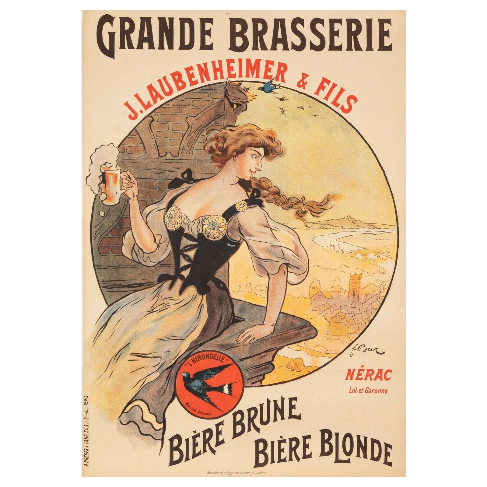 Affiche rétro originale - F. Brasserie-Bière-Hirondelle de Bac-Laubenheimer, 1908 en vente