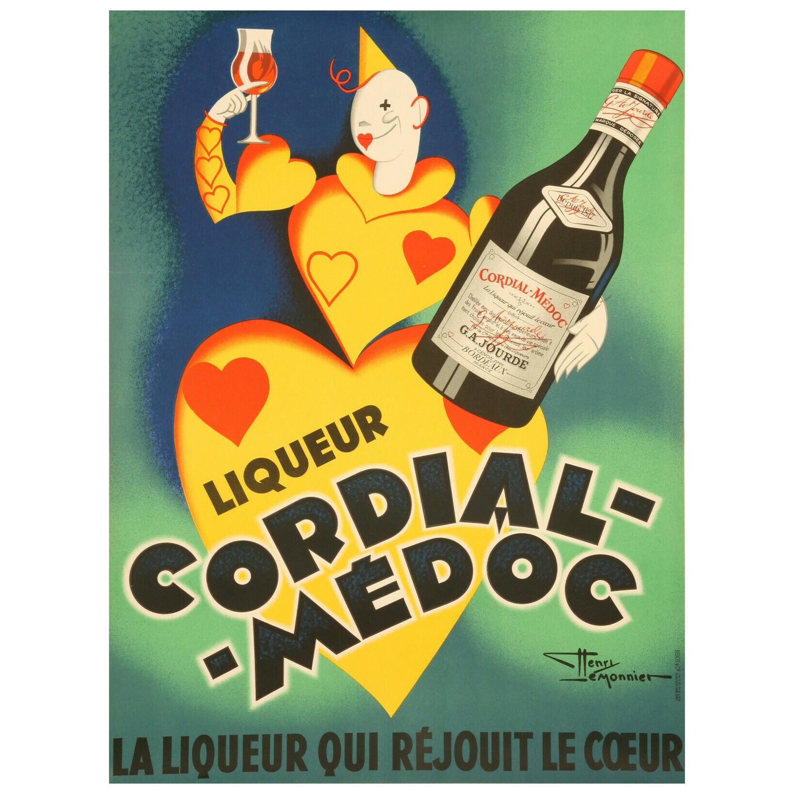 Lemonnier, Vintage Alcohol Poster, Cordial Médoc, Liquor, Heart, Brandy, 1936 en vente