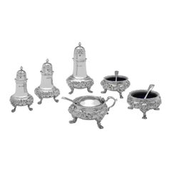 Superbe service à condiments en argent sterling orné et grand format, dans son coffret, Elkington 1929