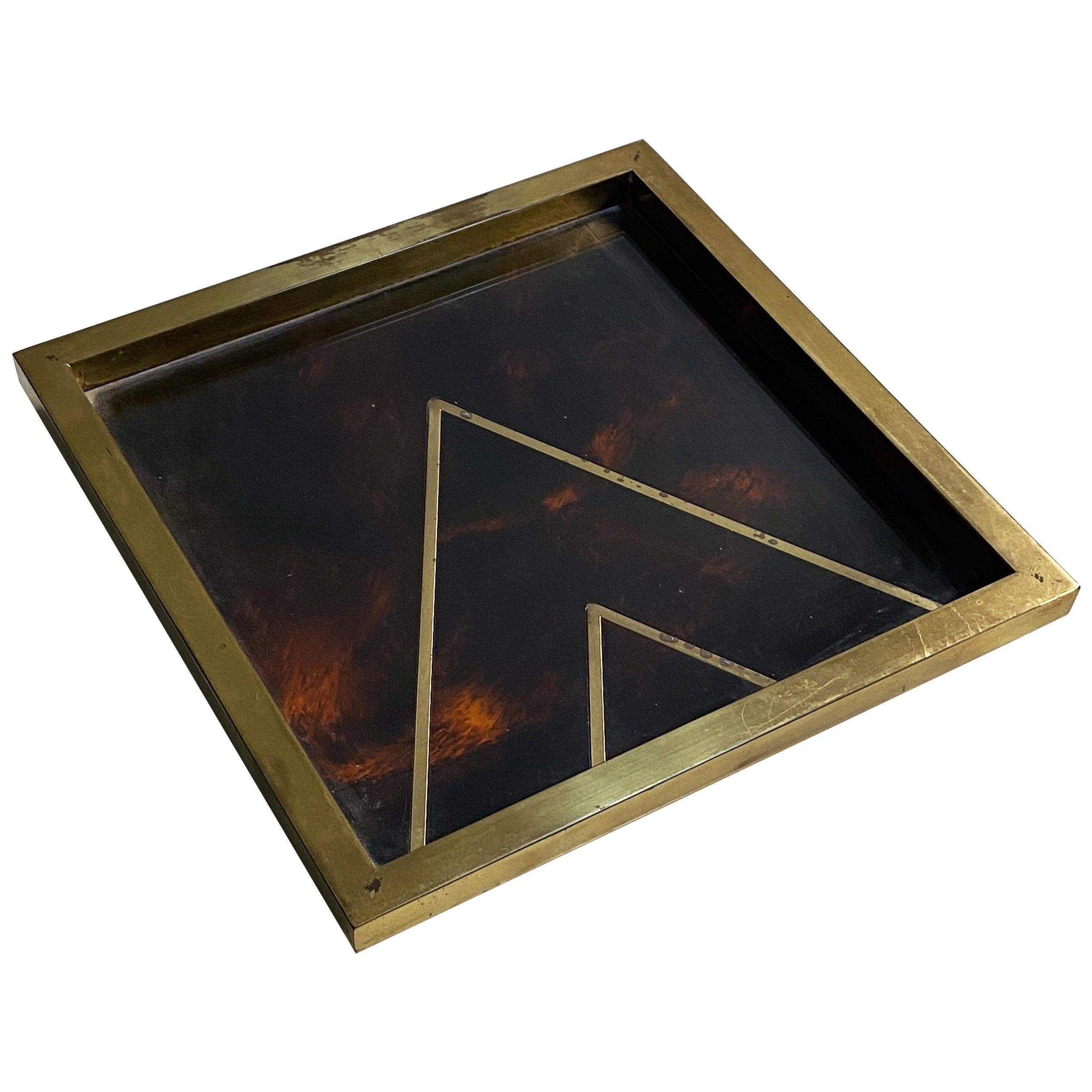 Mid-Century Modern Square Brass and Briar Effect Plexiglass Object Holder, 1970s For Sale