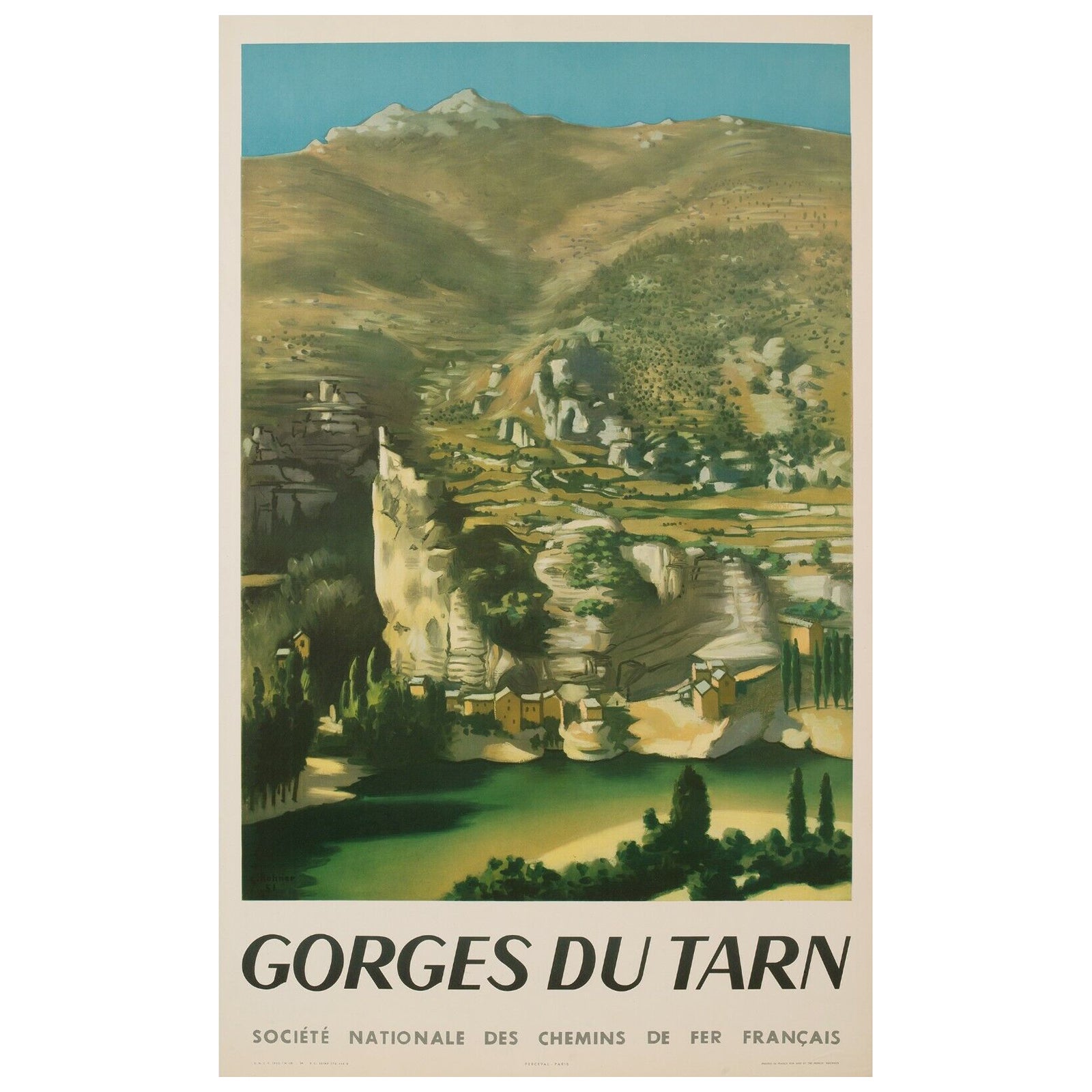 Affiche de voyage originale - Rouhner-Provence - Paysage Tarn Gorges, 1951 en vente