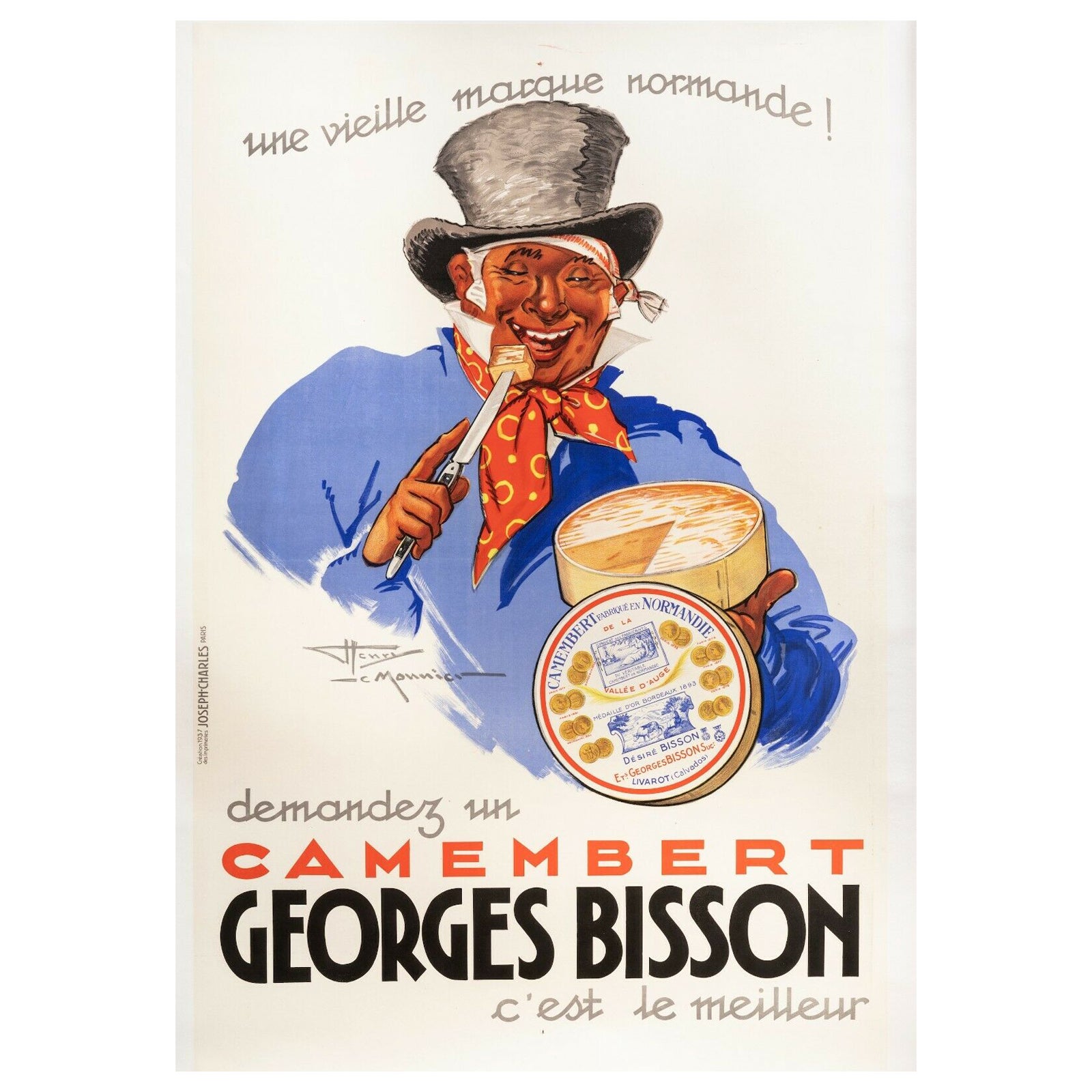 Lemonnier, Vintage Cheese Poster, Camembert Normandy, Wine, 1937 For Sale
