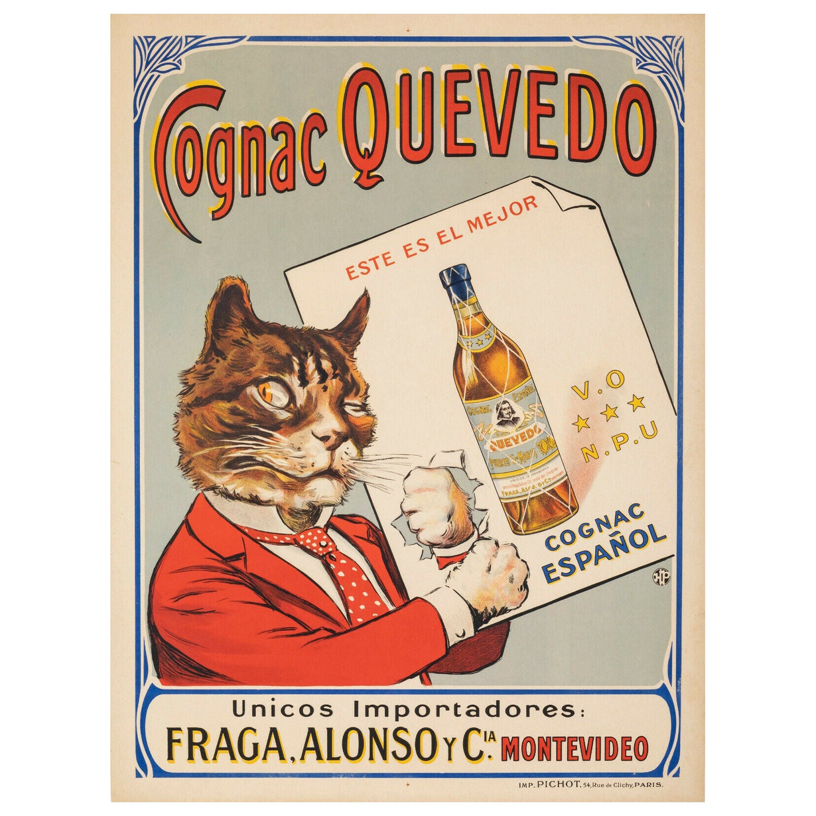 Affiche originale - Cognac - Quevedo - Cat - Esprits - Espagnols, vers 1920