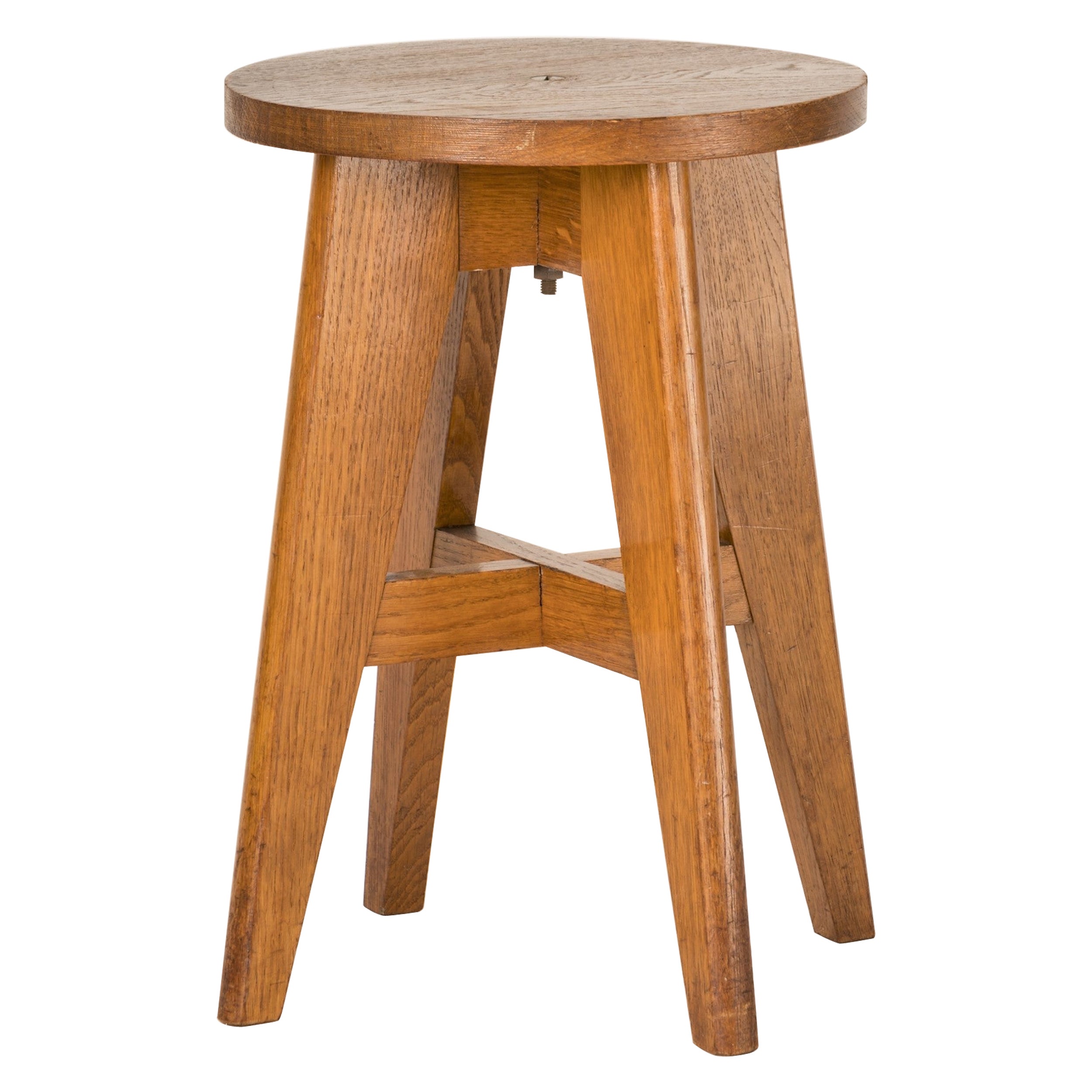 Four Legged Minimalist Oak Stool in the style of Jeanneret, France 1960's For Sale