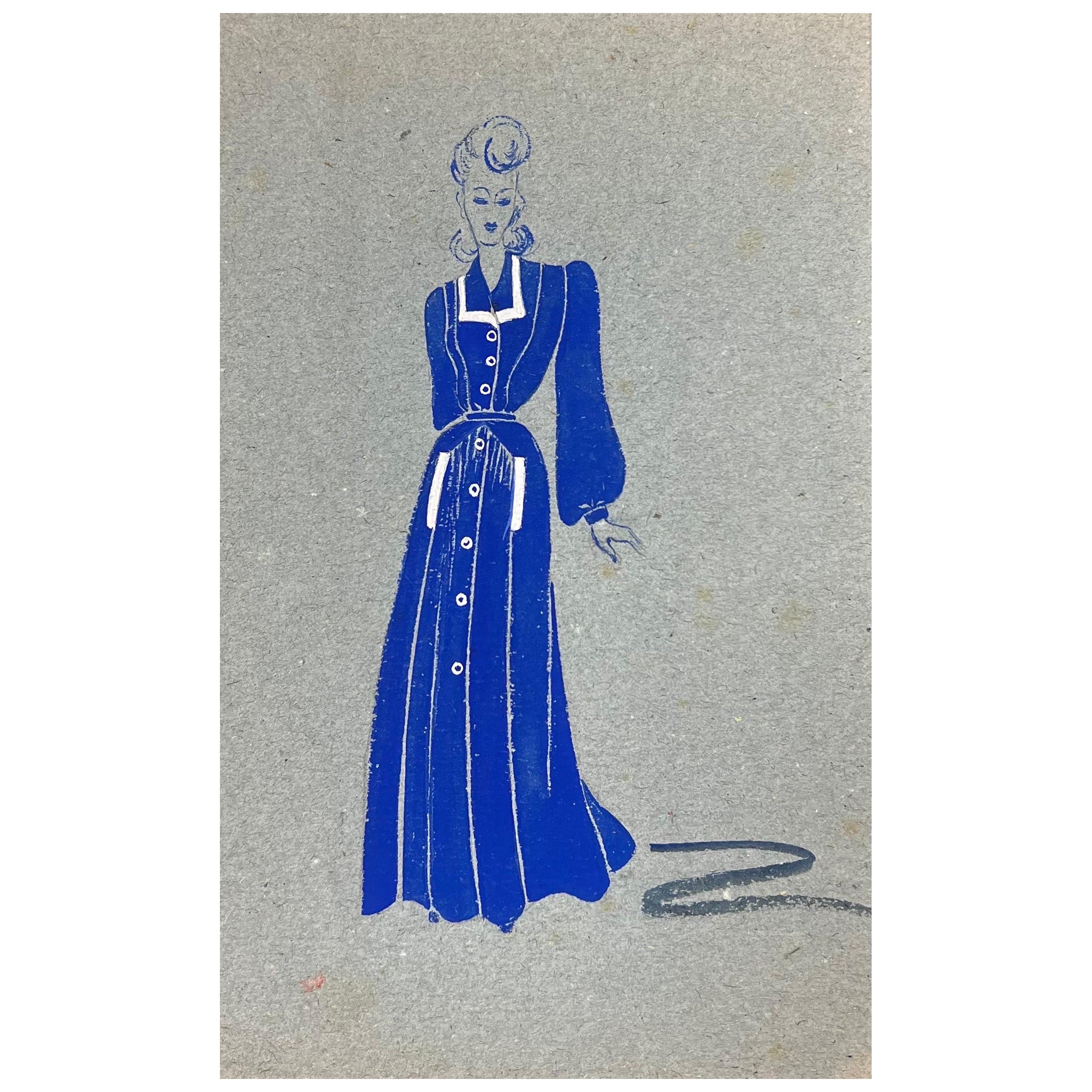 1940's Fashion Illustration, Lady in Blue Dress For Sale