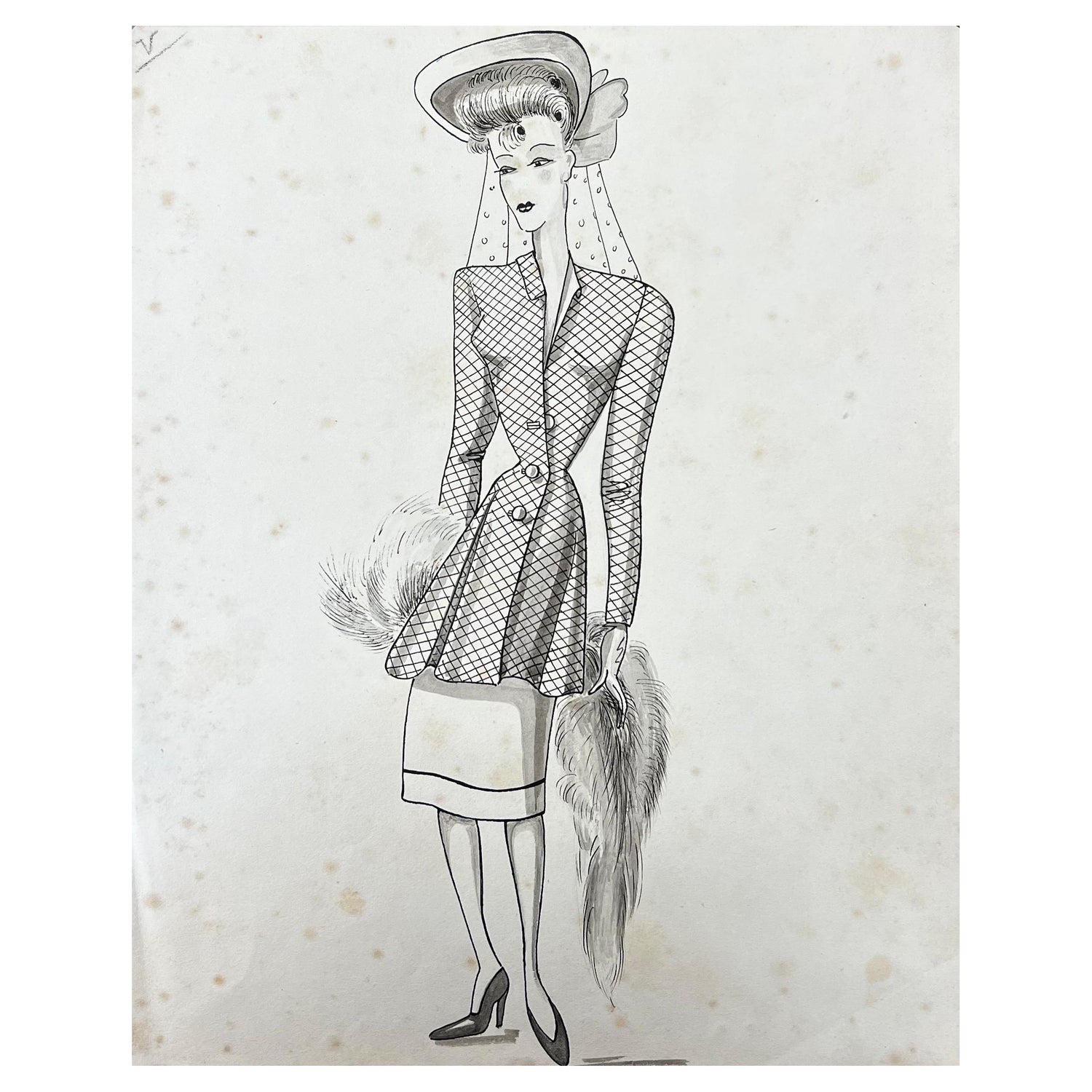 Lady in Elegant 1950's Winter Coat Parisian Fashion Illustration Sketch For  Sale at 1stDibs