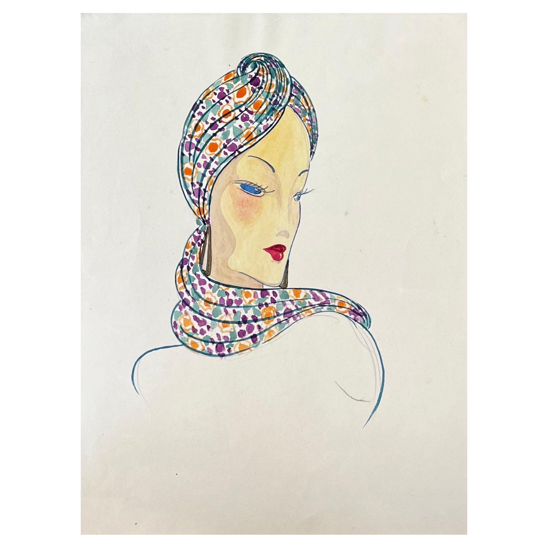 1940's Fashion Illustration, Lady in Chic Headscarf For Sale