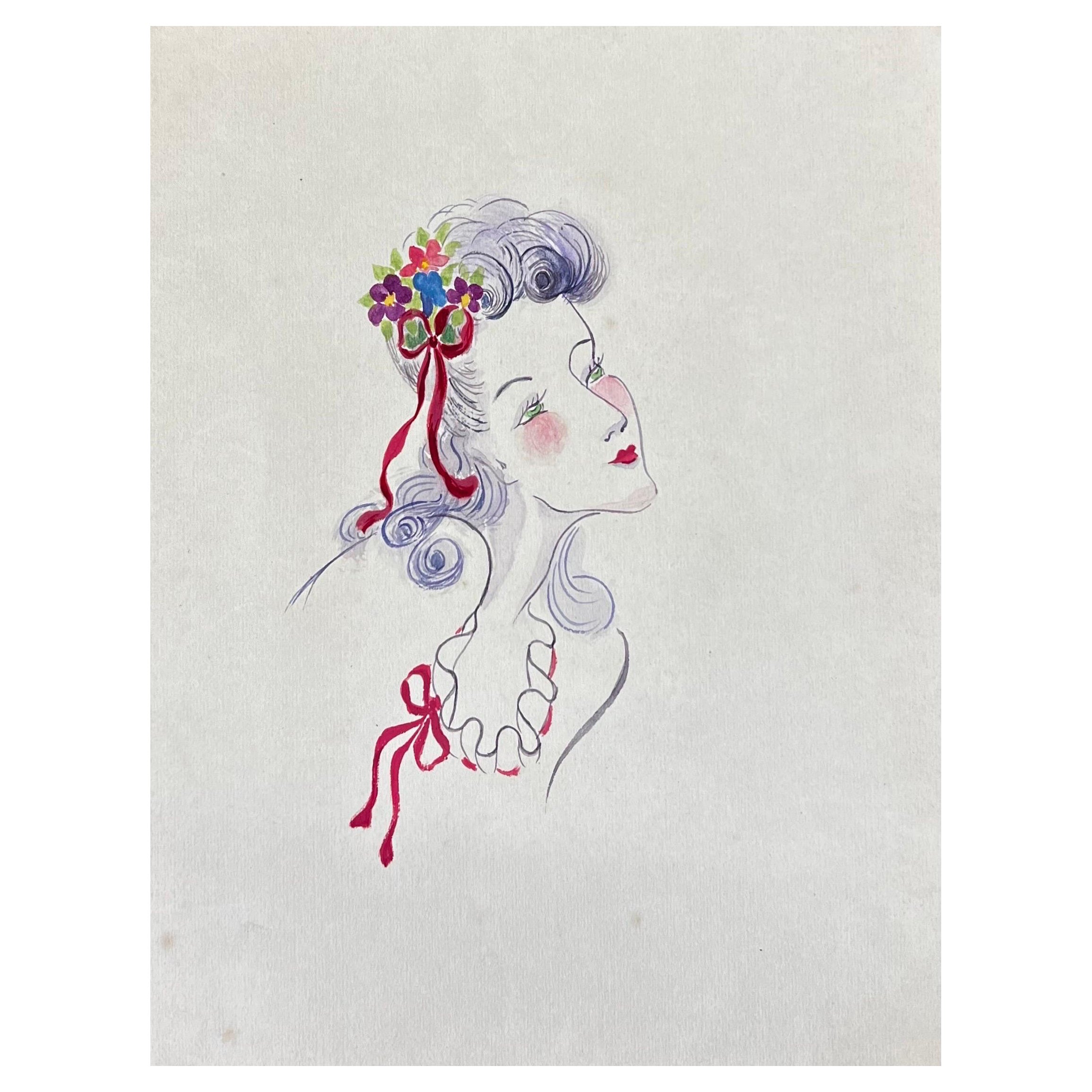 1940's Fashion Illustration, Lady with Green Eyes in Admiration For Sale