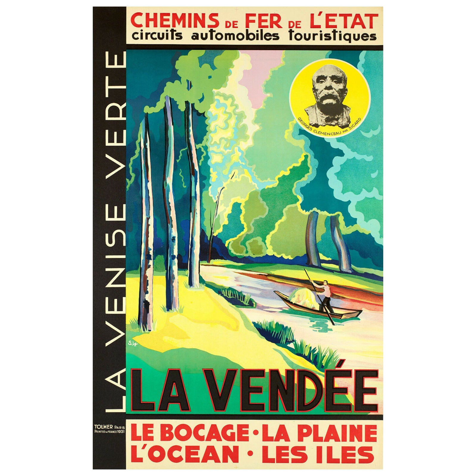 S W, Original Poster Travel Poster, Vendée Venise Verte, Georges Clemenceau 1931 en vente