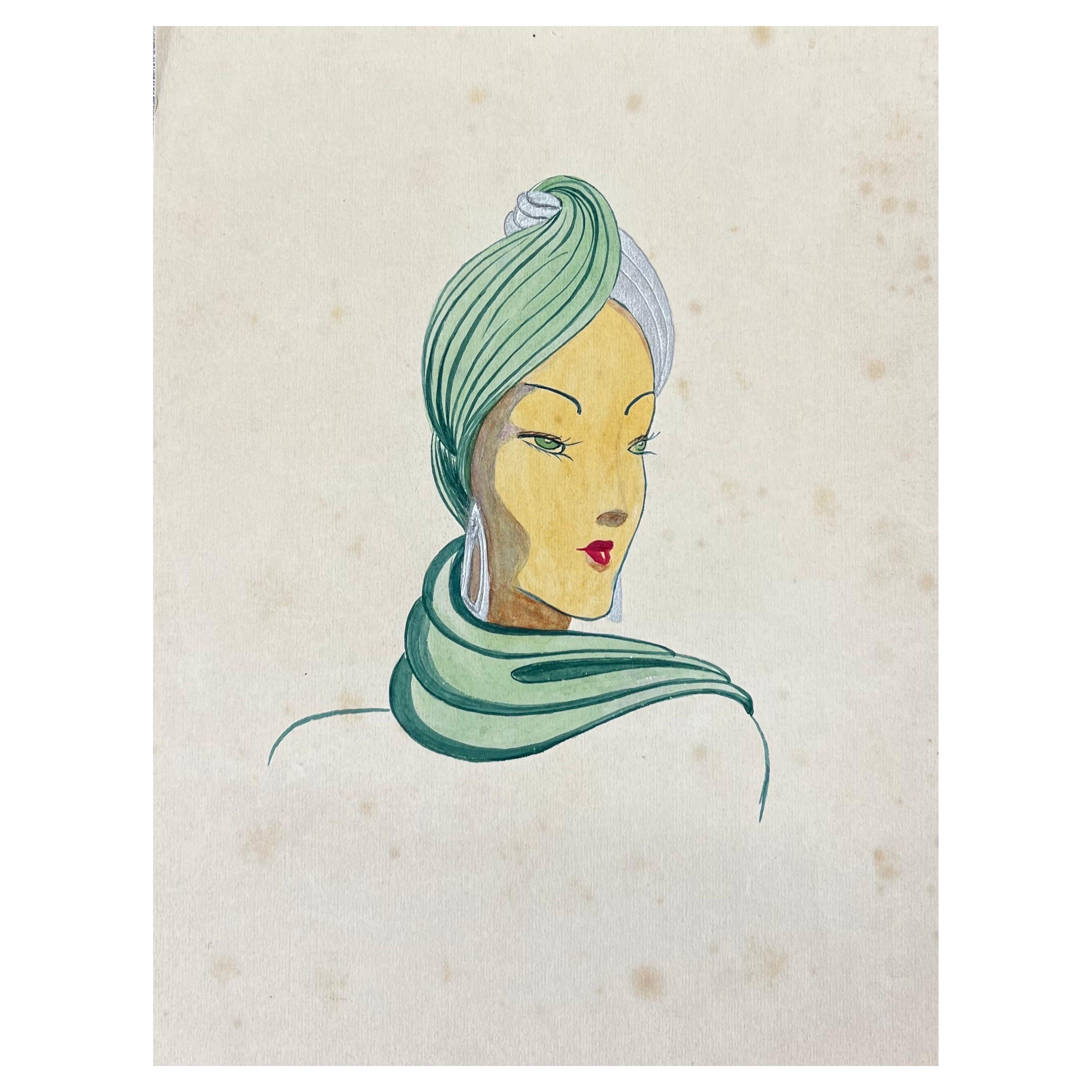 1940er Jahre Mode Illustration, Dame mit schönem grünem Kopf Schal im Angebot