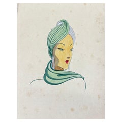 1940's Fashion Illustration, Lady in Beautiful Green Head Scarf