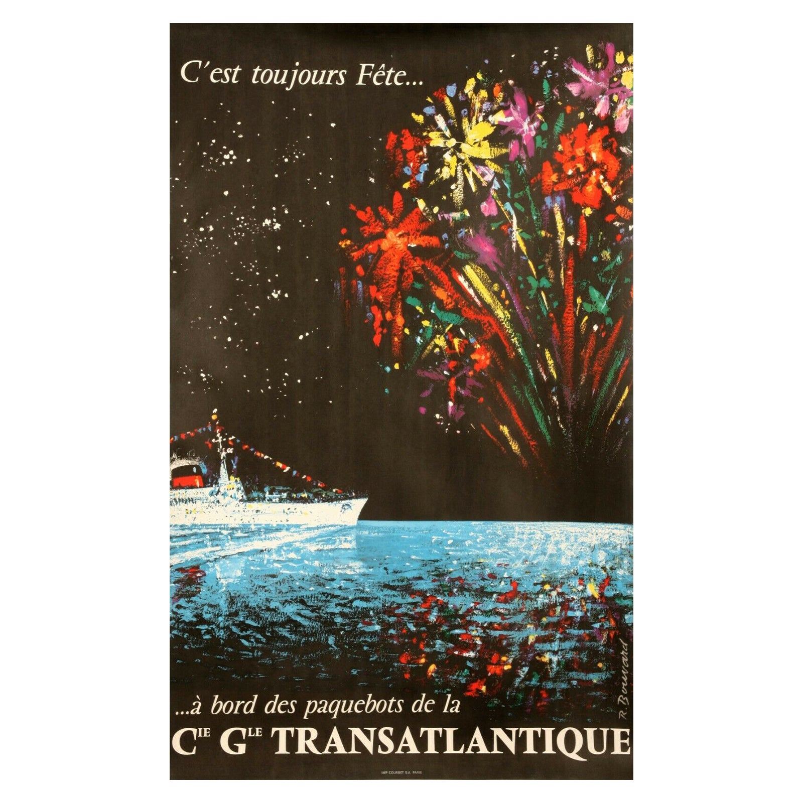 1950s Vintage Poster-Bouvard-At Sea-Cruise Ship-Fireworks Party, 1956 For Sale