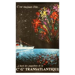 1950s Used Poster-Bouvard-At Sea-Cruise Ship-Fireworks Party, 1956