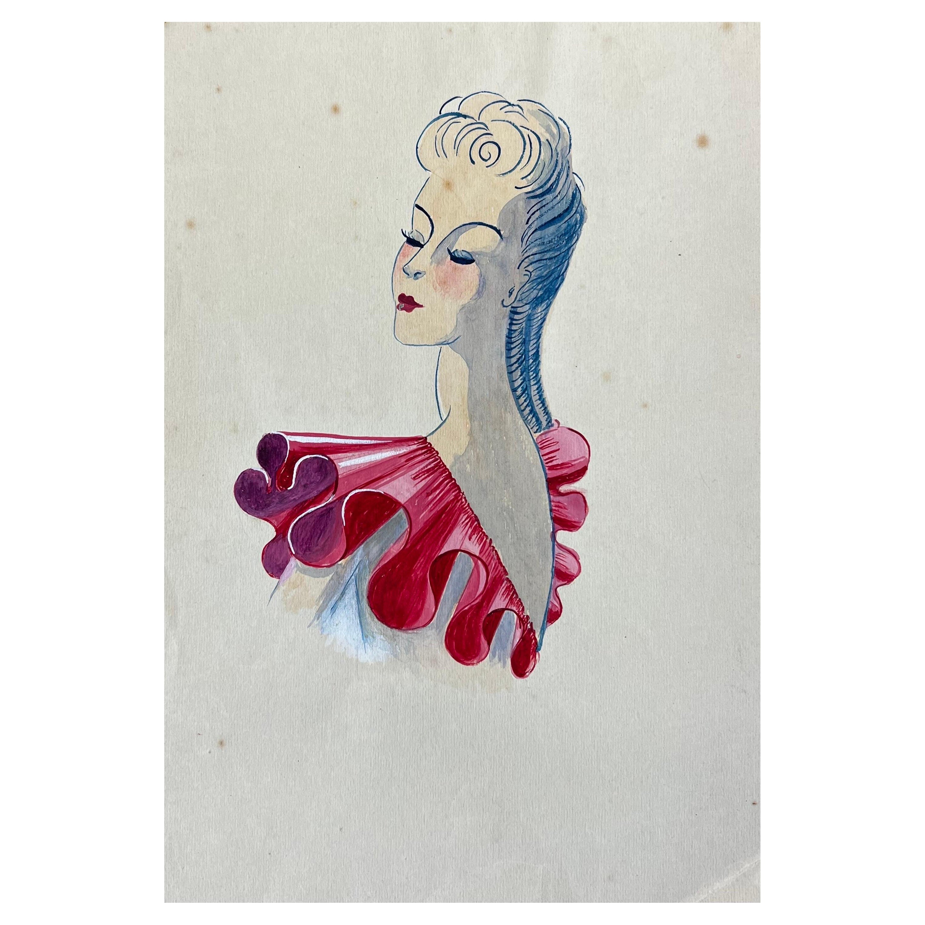 1940er Jahre Mode Illustration, Lady at a Stance in rosa Rüschenoberteil im Angebot