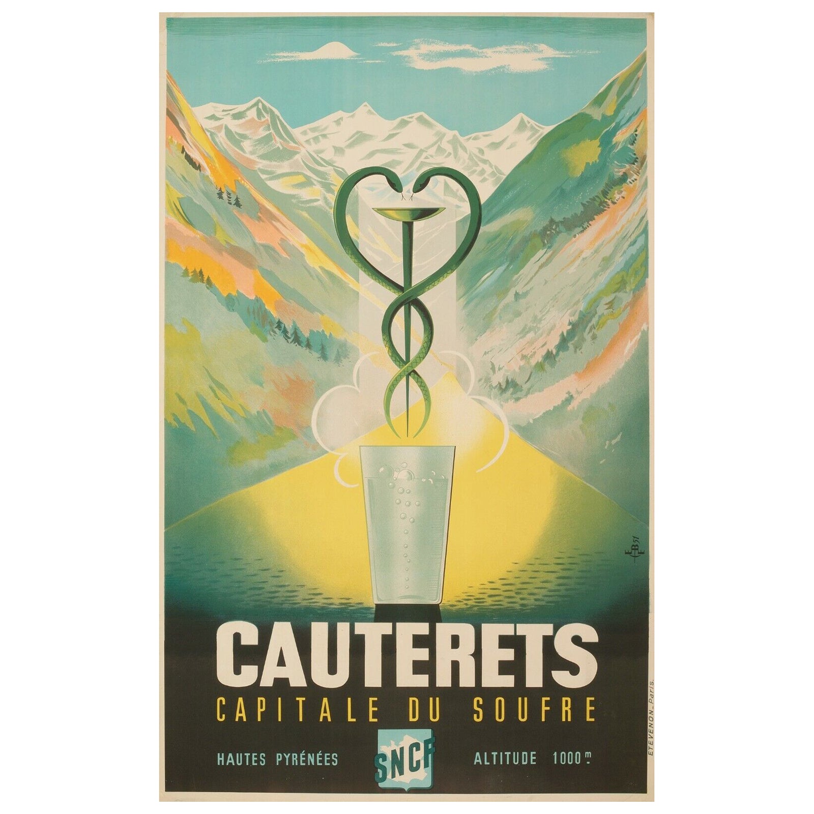 Affiche originale de la SNCF - Cauterets-Pyrenees - Fontaine à eau minérale Spa-Mineral, 1951 en vente