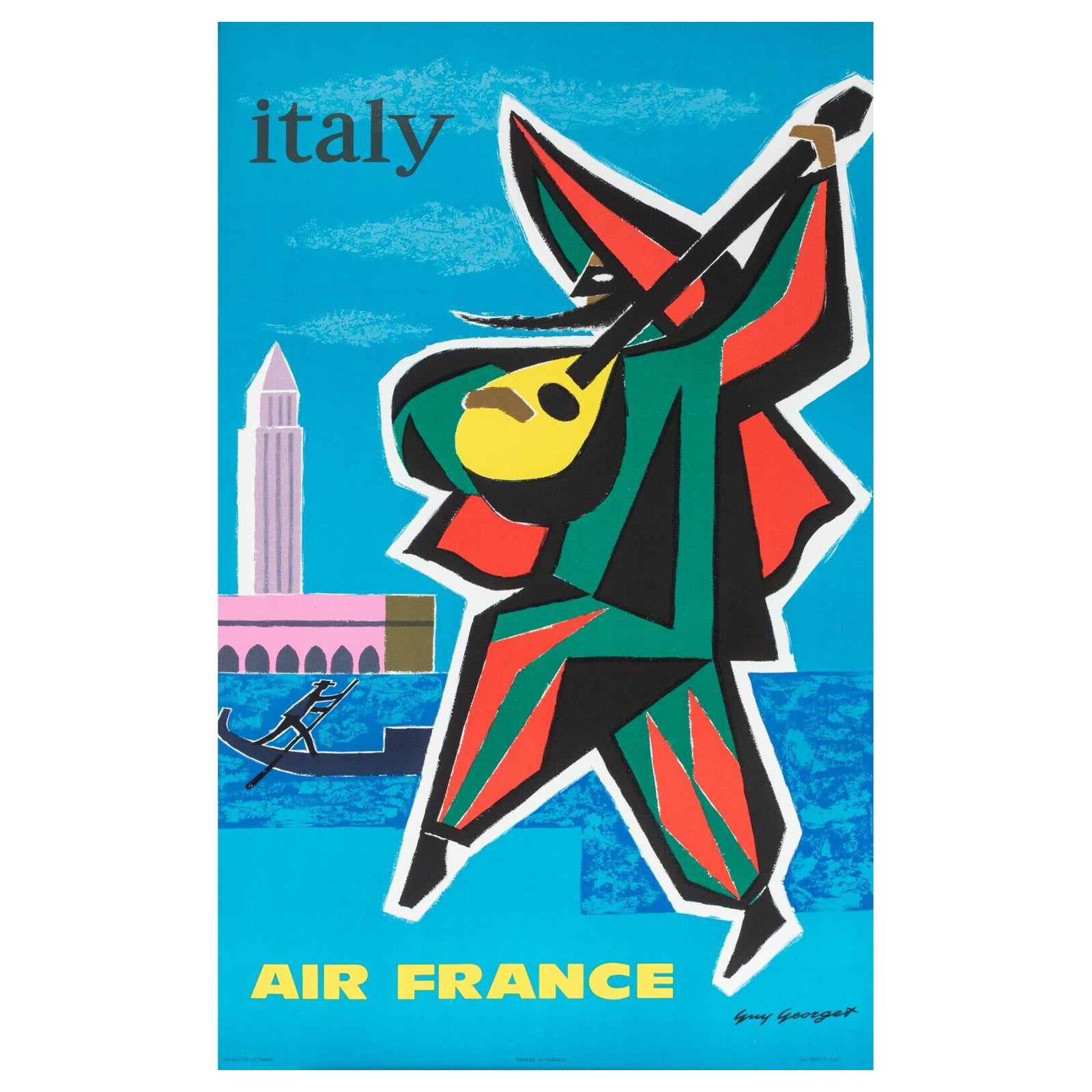 Originales Vintage-Flugzeugplakat „Vintage“ von Guy Georget, Venedig, Italien, Karneval Gondola 1963