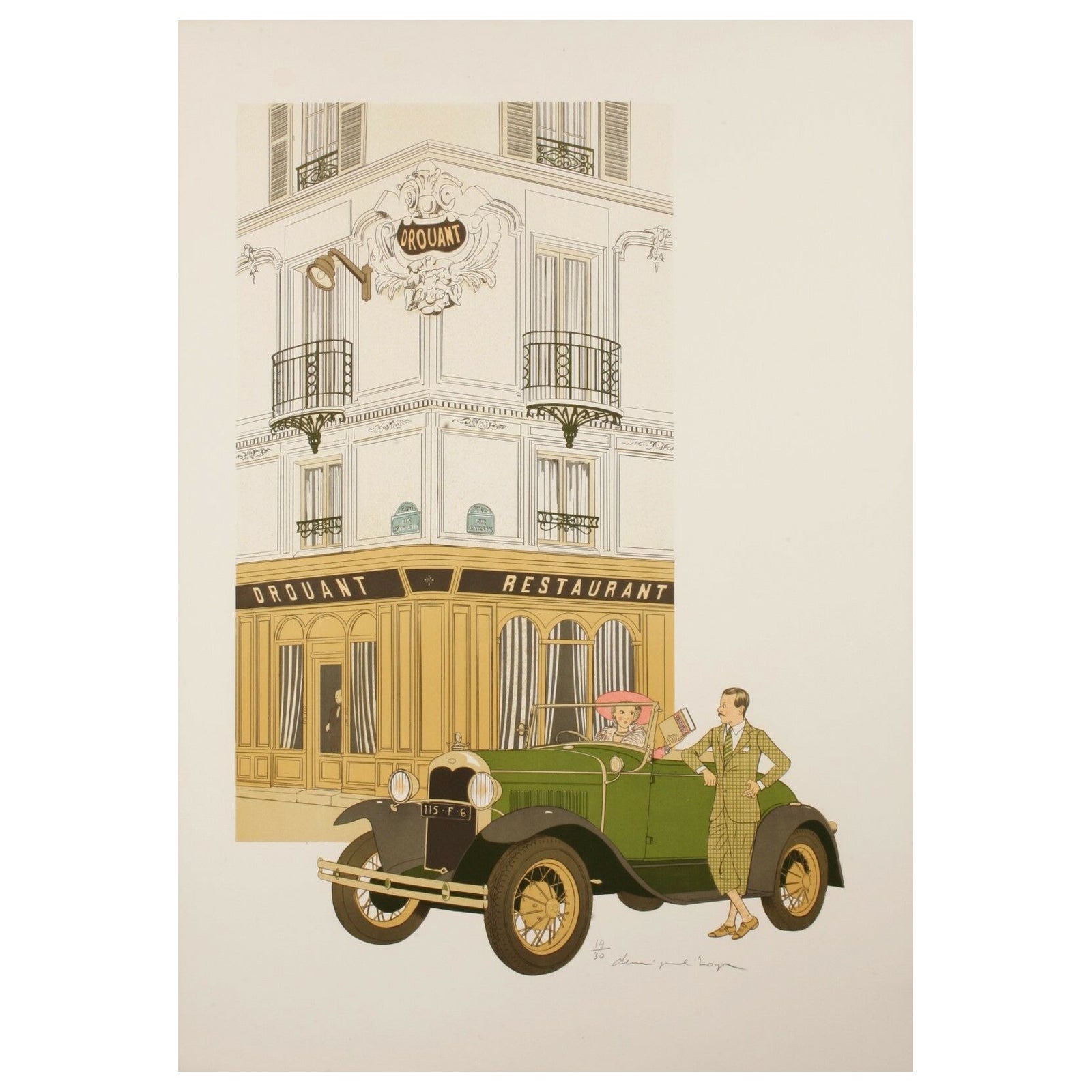 Denis Paul Noyer, Classic Car Print, Drouant Paris, Restaurant, 1979 For Sale