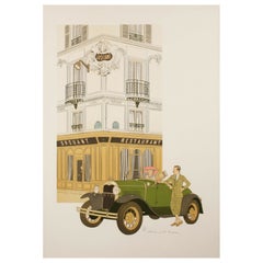 Denis Paul Noyer, estampe de voiture classique, Drouant Paris, restaurant, 1979