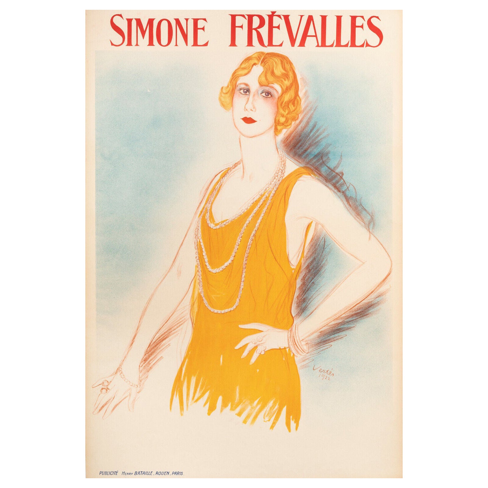 Affiche originale Art Déco-vertès-simone Frévalles-actrice-perles, 1922