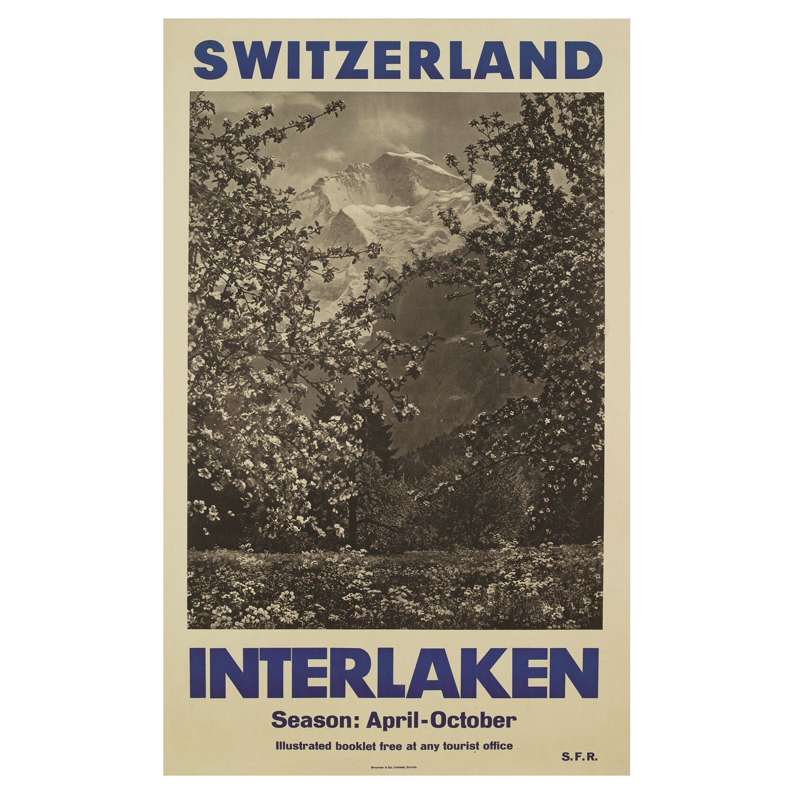 Affiche de voyage suisse d'origine vintage, Interlaken, Montagnes et Ski, 1950 en vente
