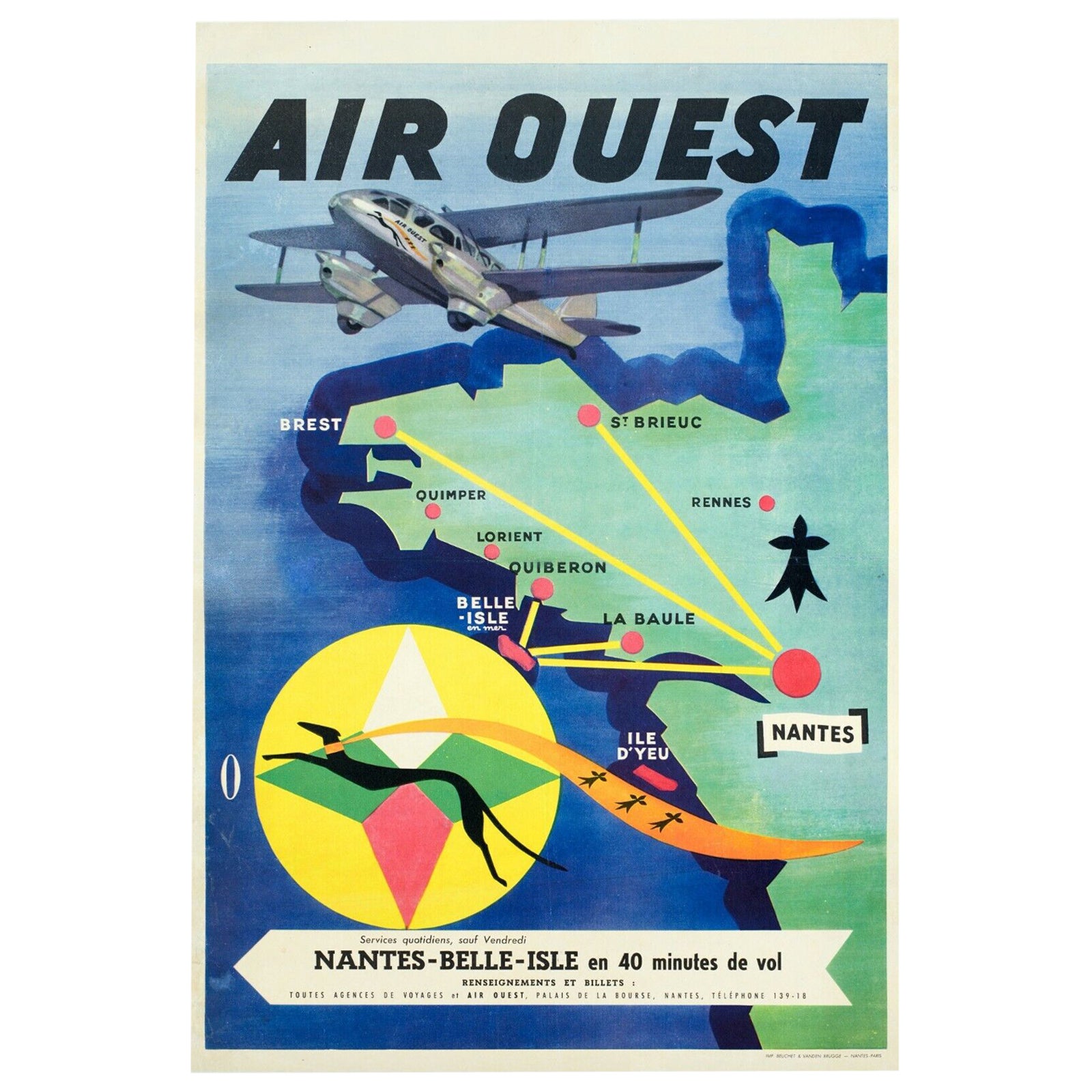 Original Aviation Poster, Air Ouest, Brittany, La Baule, Greyhound Hermine, 1955 For Sale