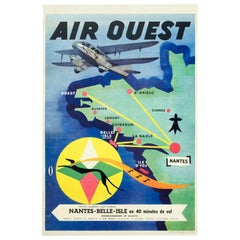 Vintage Original Aviation Poster-Air Ouest-bretagne-greyhound-hermine, 1955